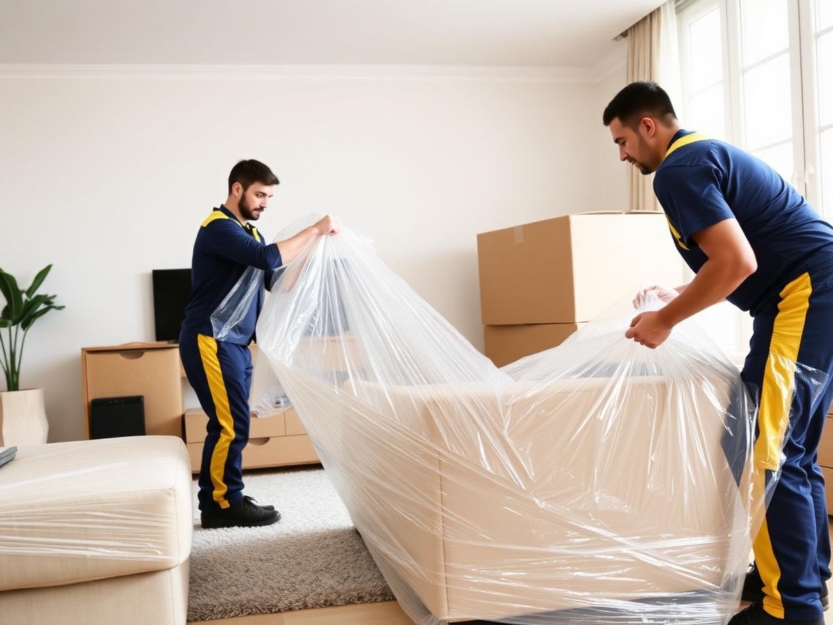 Movers wrapping furniture with protective material